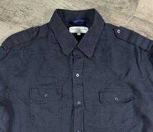 Camicia Teddy Stratford uomo 5 100% lino blu navy manica lunga bottoni zip fit - Foto 1 di 14