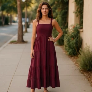 LTS Dress Womens Tiered Tall Maxi Pockets Burgundy Red Summer Sleeveless Size 14 - Picture 1 of 22