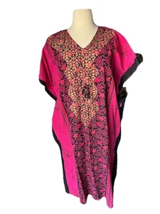 J Gee Batik Print V Neck Kaftan Cover Up Dress Pool Beach Lounge Pink Black Gold - Picture 1 of 5