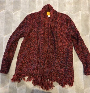 Ruby Road RD Sweater Open Cardigan Womens Medium Shawl Collar Fringed Red Black - Picture 1 of 6