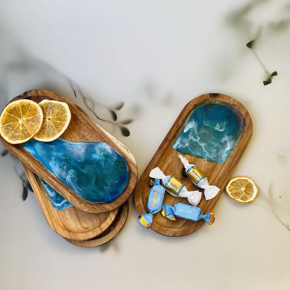 Ocean Resin Serving Trays Set 4 – Acacia Wood Snack Plates Handmade - Bild 1 von 4
