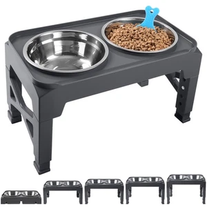 Grau erhöhte Hundenäpfe, 2 Edelstahl, Tierfutterschaufel, verstellbar 5 Höhen - Bild 1 von 7