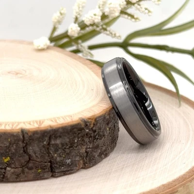 6mm Black & Silver Tungsten Carbide Band Brushed polished Edges Christmas Ring - Image 1 of 4