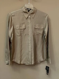 12-Ralph Lauren SILK Top/Blouse-Button Up Shirt-Roll Tab Long Sleeve-Tan/Khaki-L - Picture 1 of 23