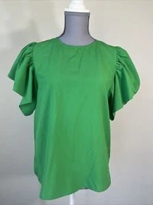 Jealous Tomato Green Shirred Ruffle Sleeve Top with Keyhole Back Small EUC - Picture 1 of 12