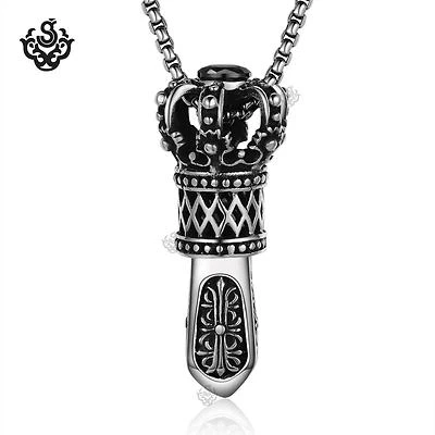 Silver crown pendant stainless steel black crystal Scepter necklace large heavy Foto 1 de 3