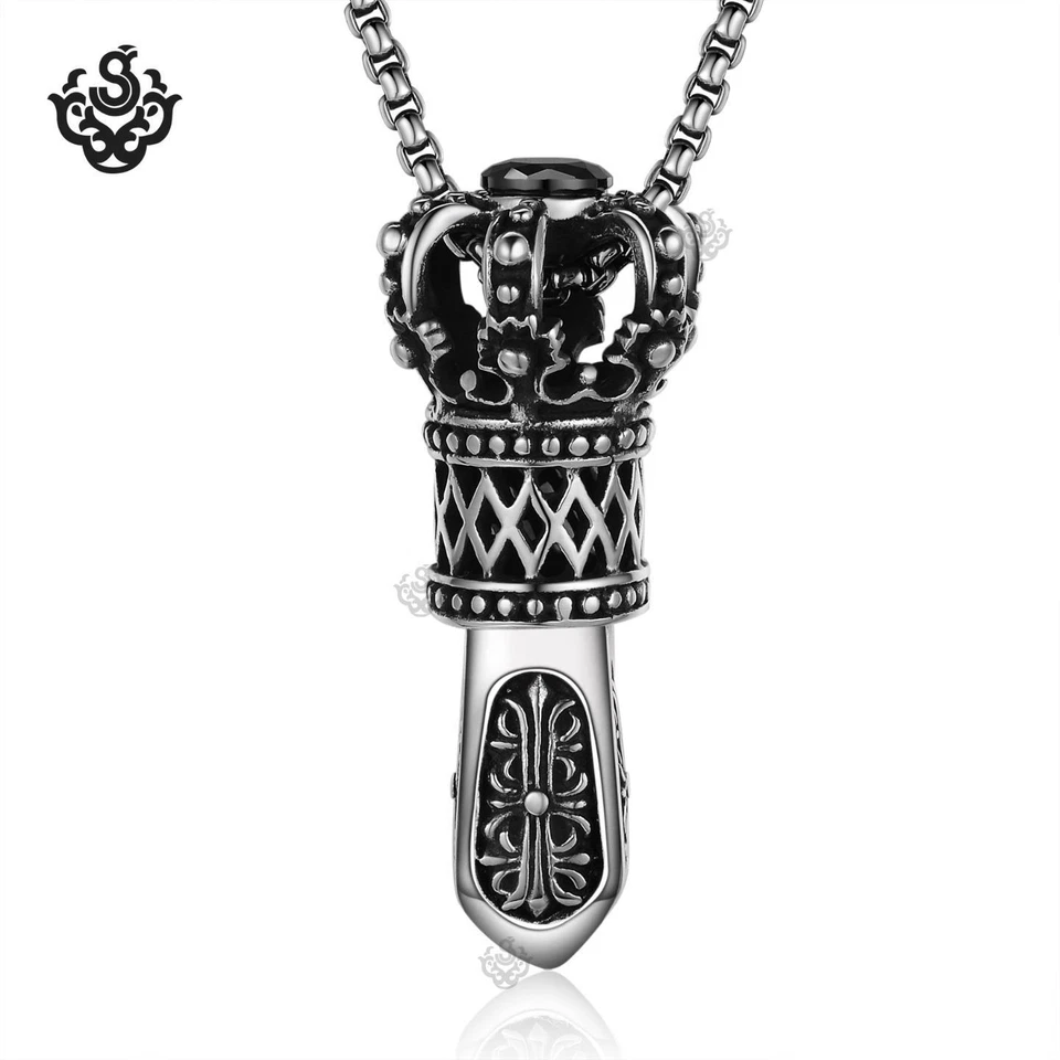 Silver crown pendant stainless steel black crystal Scepter necklace large heavy Foto 1 de 3