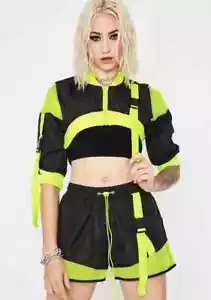 Hot & Delicious Mesh Panel Crop Jacket Shorts Set,Green & Black CHOOSE SIZE - Picture 1 of 12