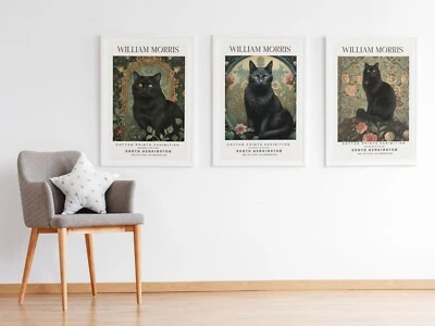 Set of 3 Vintage William Morris Black Cat Cotton Prints Exhibition Art Posters - Image 1 of 4