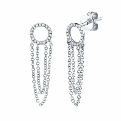 14K Oro Blanco Diamante Halo Círculo Tuerca Cadena Pendientes Natural 0.10CT - Imagen 1 de 2