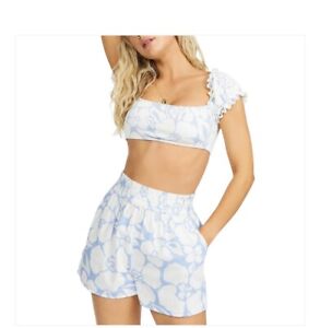 NWT Billabong Elastic Waist Cotton Shorts Women White Blue Med $60