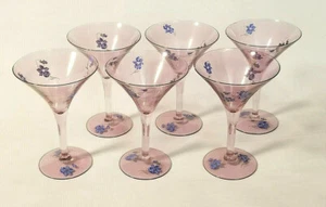 VTG Hand Painted Martini / Cocktail Style Glasses - Violets - 6" Tall - Set of 6 - Picture 1 of 6