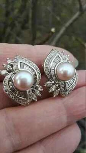 2Ct Round Cut Pearl Diamond Stylish Cluster Hoop Earrings 14KWhite Gold Finish - Picture 1 of 4