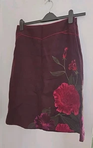 Monsoon Size 12 Linen Silk Skirt Brown Red Floral Midi Embroidered - Picture 1 of 7