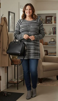 a.n.a. Suéter túnica suéter a rayas grises y blancas dobladillo dividido para mujer talla XXL Foto 1 de 4