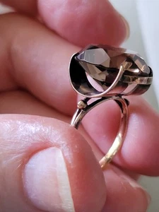 VTG 14K Yellow Gold 12.5mm X 16mm Smokey Topaz Cushion Cut Gemstone Ring Size 4 - Picture 1 of 13