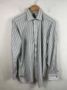 Harvie & Hudson Mens Dress Shirt 15.5 Blue Pastel Striped Button Up French Cuff - Picture 1 of 7