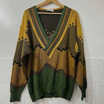 复古 Carlo Colucci 毛衣男式 L 羊毛阿兹特克西南地球色调德国 — 第 1/4 张图片