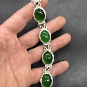 Collectible Noble copper tibet silver inlay natural green jade bracelet bangle