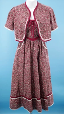 Vestido De Colección Para Mujer Años 70 Granate Floral Gunne Sax Pradera Sol Con Chaqueta Talla XS 1970s Foto 1 de 4