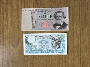 LOT 2 BANKNOTEN LIRE 1000 GRÜN 2. TYP + LIRE 500 QUECKSILBER - Bild 1 von 3