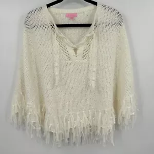 Lilly Pulitzer Val Poncho Sweater Women's Small White Fringe Curved Hem V Neck - Picture 1 of 9