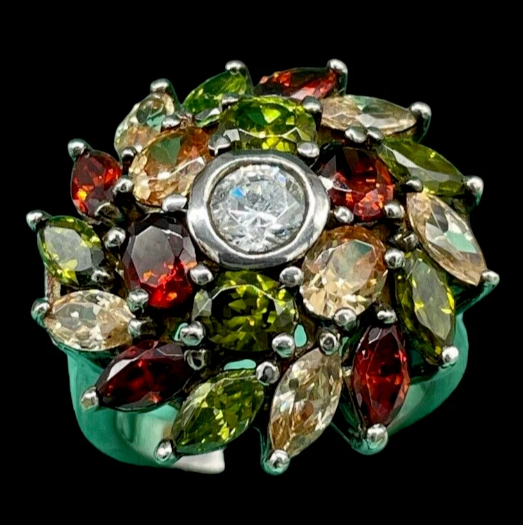 Anello da donna fiore in argento 925 concentrico multicolore rosso verde giallo. - Immagine 1 di 4