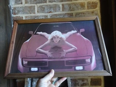 Vtg 80's Red Porsche Sexy Woman Pin-Up Framed Picture Man Cave 17x11”  - Image 1 of 3