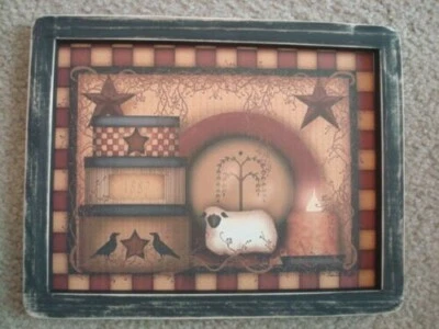 Primitive Country Print *3-Stacked Boxes with Sheep*  black frame 12" x 9 1/2"  - Image 1 of 3