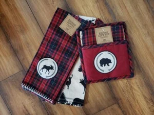 NWT DII Red Black Plaid Bear Moose Kitchen Christmas TOWEL & POT HOLDER 4 pc SET - Picture 1 of 11