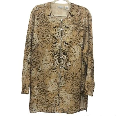 Laura Ashley 100% Silk Leopard Print 2X Embroidered Tunic Top - Image 1 of 4