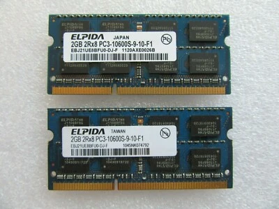 Elpida 2 x 2GB (4GB)  Matched Pair PC3-10600S DDR3 Laptop Memory RAM 1333 MHz - Image 1 of 2