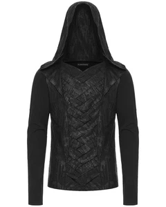 Punk Rave Mens Apocalyptic Gothic Broken Knit Patchwork Hooded Top Hoodie Black - Picture 1 of 13