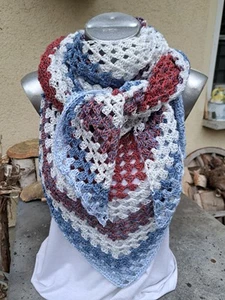 XL Häkeltuch Stola *FARO* Handarbeit Dreieckstuch weiß rot blau BW/ Poly - Bild 1 von 10