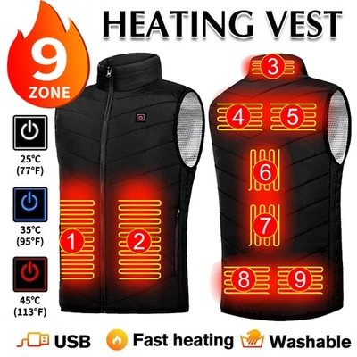 Men USB Electric Heated Vest Jacket 9 Zone Warm Up Heating Pad Cloth Body Warmer - Image 1 of 4