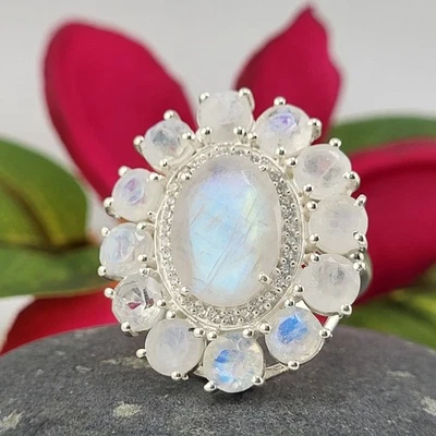 Statement Moonstone Cluster Ring w/ CZ & 925 Sterling Silver Ring - Size 8 - Image 1 of 4