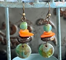 Turquoise Picasso Czech, Orange Shell and Brown Stone Bead Earrings. Boho Chic