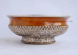 Handgeschnitzte 6,5" Silber und Jade Jha Phor/Tibetische Teeschale aus Patan, Nepal  - Bild 1 von 6