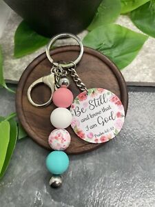 4" Silver-Tone Silicone Beaded Charm Scripture Keychain New Free Ship A4044