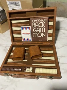 Vintage Travel Backgammon Set Game Brown Faux Leather - Picture 1 of 2