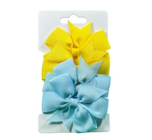 Yellow & Blue Hair Bow Clips Grosgrain Ribbon Toddler Girl Hair Barrette Set - Picture 1 of 3