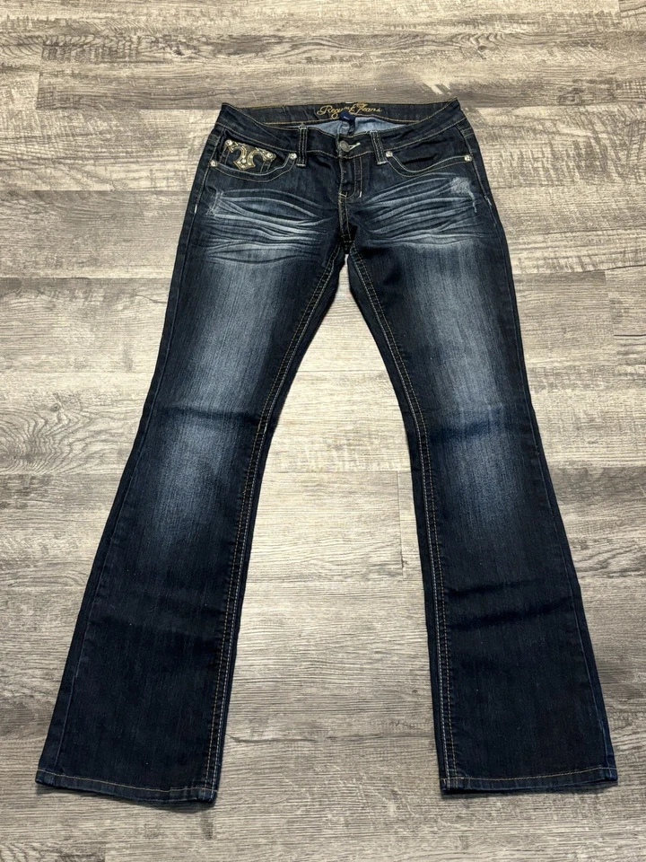 Pantalones de mezclilla para mujer Request 7 azul corte bootcut desgastado bordado 27x28 Foto 1 de 4