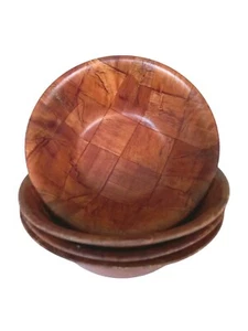 Set Of 4 Vintage Woven Wood Parquet Salad Bowls - Picture 1 of 7