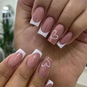 24 Stück French Tip Press on Nails Mittel Falscher Nagel Herz Weiß Französischer - Bild 1 von 7