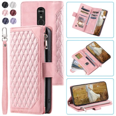 For LG Stylo 4 Card Case,Luxury Rhombic Leather Zipper Stand Flip Wallet Case - Image 1 of 4