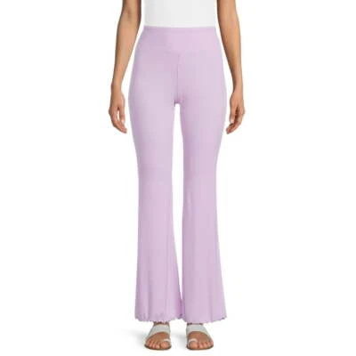 No Boundaries Women's Juniors Ribbed Flare Lettuce Hem Pants, sizes S-XXXL Lilac - Image 1 of 4