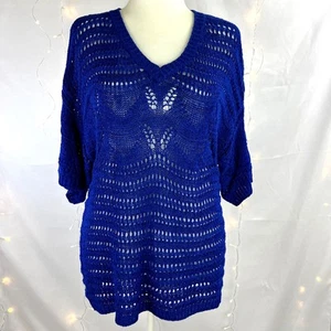 Women's Crochet Knit V Neck Tunic Top Size 1X Blue Bohemian Hippie Peasant - Picture 1 of 10