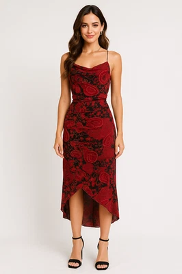 Y2K винтажный Rampage платье женщин M красный черный асимметричный прихотливый фея цветочный - Изображение 1 из 4