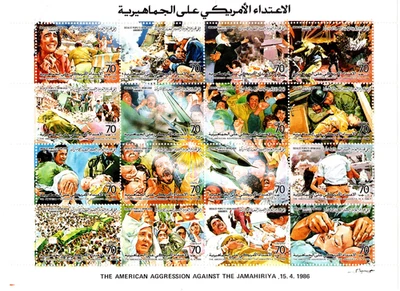 LIBIA 1986 EE. UU. BOMBARDEO DE TRÍPOLI 4-15-1986, HOJA DE RECUERDO 16 SELLOS SC 1311 MNH Foto 1 de 4