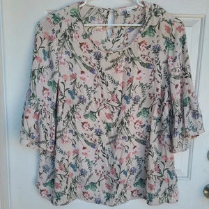 Violet + Claire Womens 2X Top Pink Floral Print Bell Sleeve Work Career Travel - Picture 1 of 10
